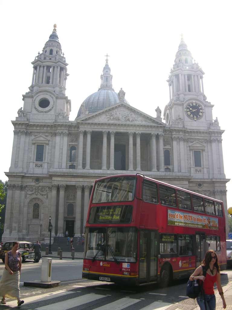 London St. Pauls Cathedral 01 Outside Full View St. Paul�s Cathedral was initially built in 604AD, and was rebuilt in 675, 962 and 1087. Following the Reformation, the cathedral fell into disrepair. Inigo Jones began its restoration in 1633, adding a neo-classical portico. Sir Christopher Wren submitted a proposal for rebuilding, which the Fire of London in 1666 allowed to be realized. Wren�s design received approval in 1675 with construction being finished in 1710. Here is a full view of St. Paul�s Cathedral from the west, with the Bell and Lantern at the very top 111m above the church floor, and the Clock Tower to the right.